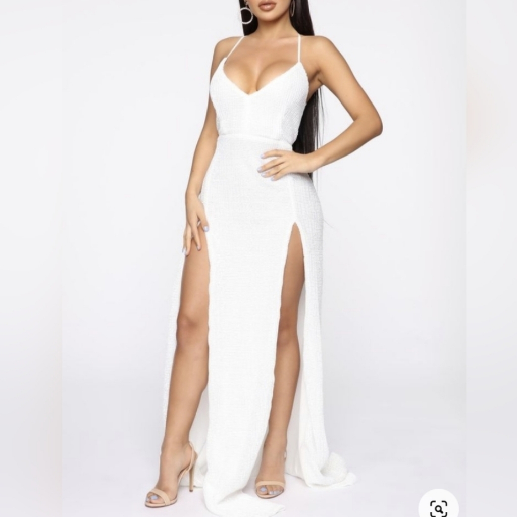 Fashion Nova White Sequin Hollywood Rooftop Dress